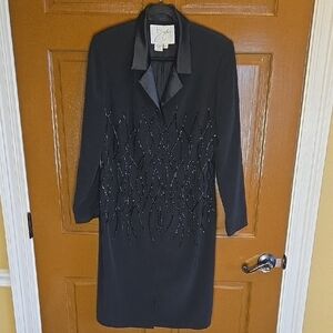 B'ZAR-Beaded blk dress/jkt with satin collar and long sleeves Sz 10/12